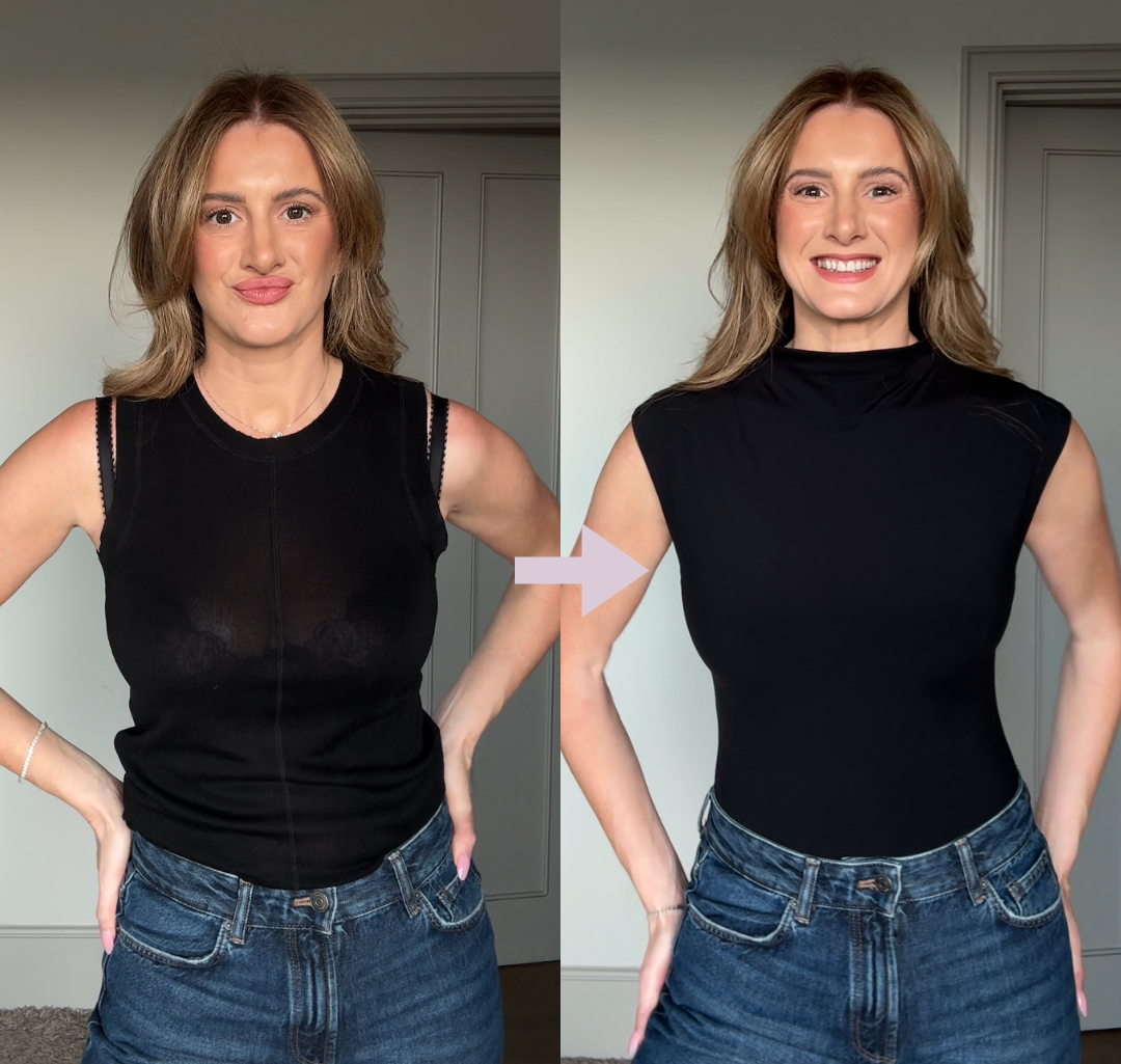 Before and after comparison of a woman wearing a black sleeveless top and jeans.