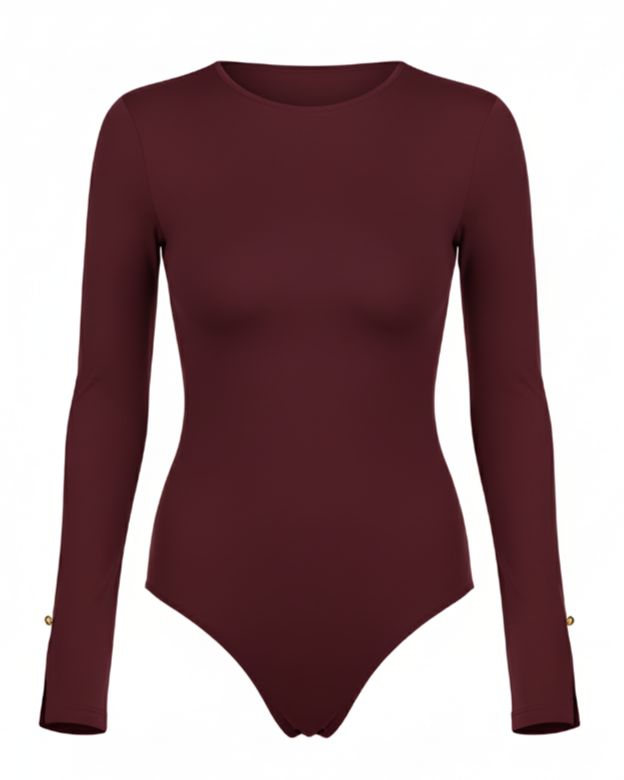Maroon bodysuit with long sleeves on a white background