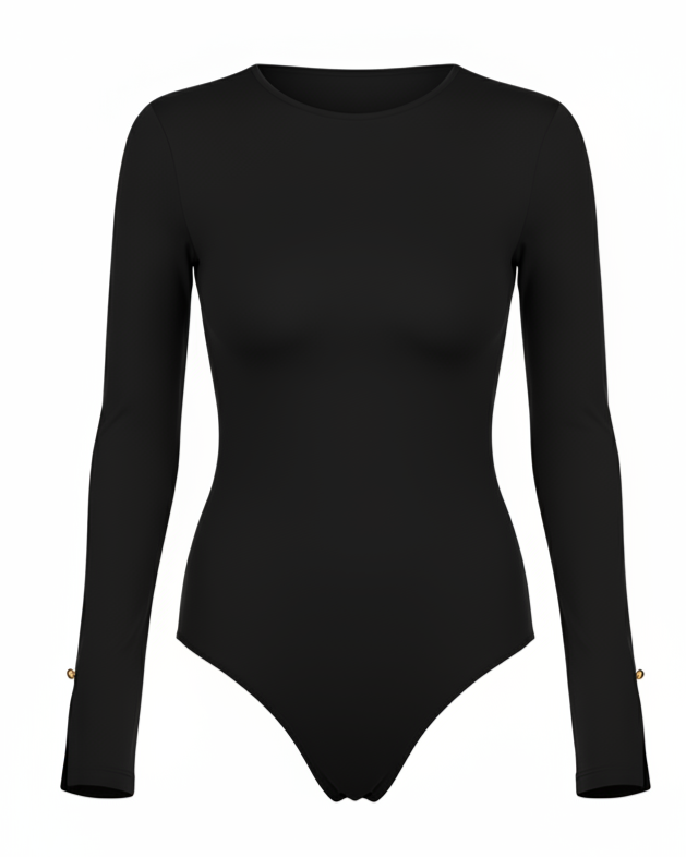 Black bodysuit with long sleeves on a white background