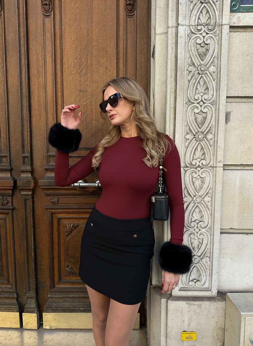 Woman in Ashly Rae bodysuit with Black faux fur cuffs
