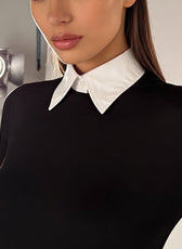 Close up of removable white collar on black luxury bodysuit