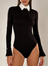 Black long sleeve bodysuit with white removable collar - Ashly Rae
