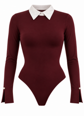 Long Sleeve Burgundy Bodysuit with removable collar