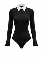 Long Sleeve Black Bodysuit with Removable Collar