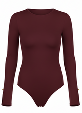 Maroon bodysuit with long sleeves on a white background