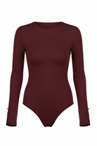 Maroon bodysuit with long sleeves on a white background