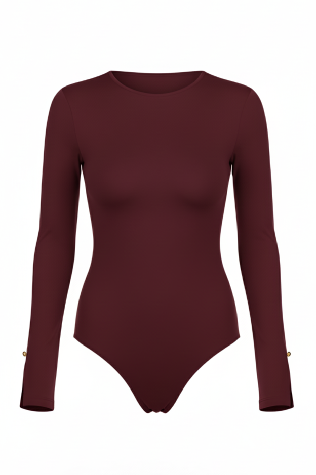 Maroon bodysuit with long sleeves on a white background