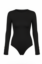 Black bodysuit with long sleeves on a white background