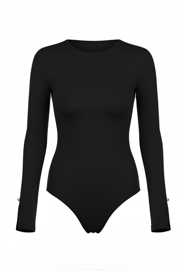 Black bodysuit with long sleeves on a white background